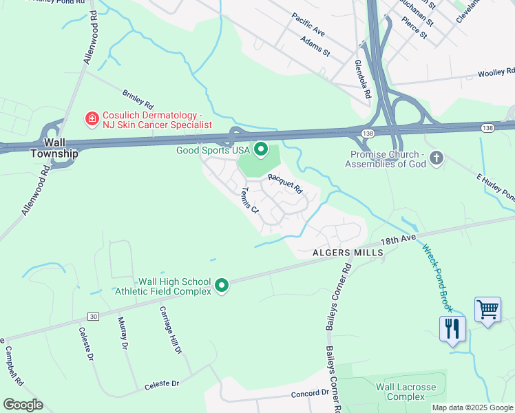 map of restaurants, bars, coffee shops, grocery stores, and more near 198 Tennis Court in Monmouth County