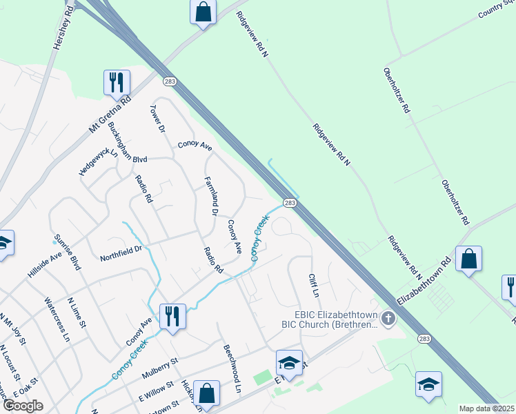 map of restaurants, bars, coffee shops, grocery stores, and more near 19 Windemere Court in Elizabethtown