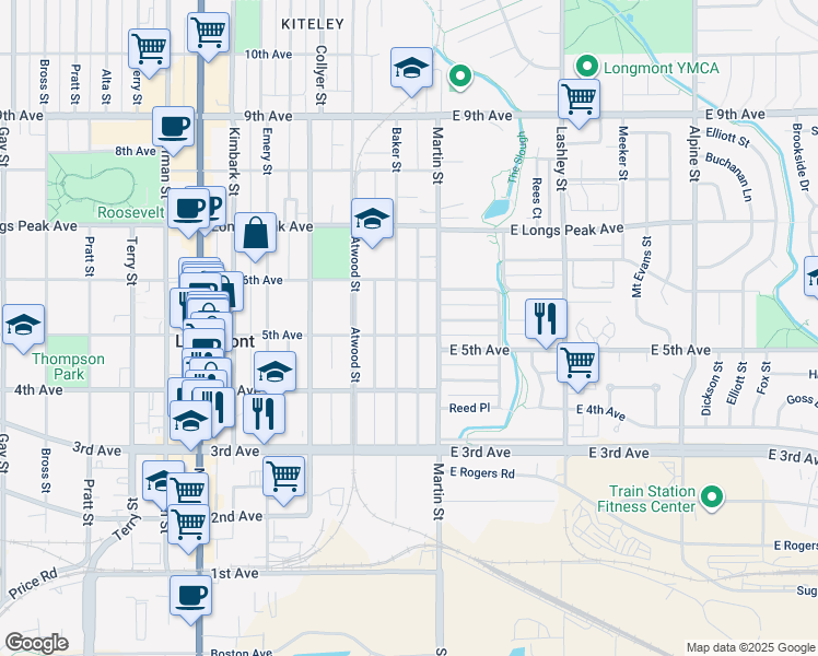 map of restaurants, bars, coffee shops, grocery stores, and more near in Longmont