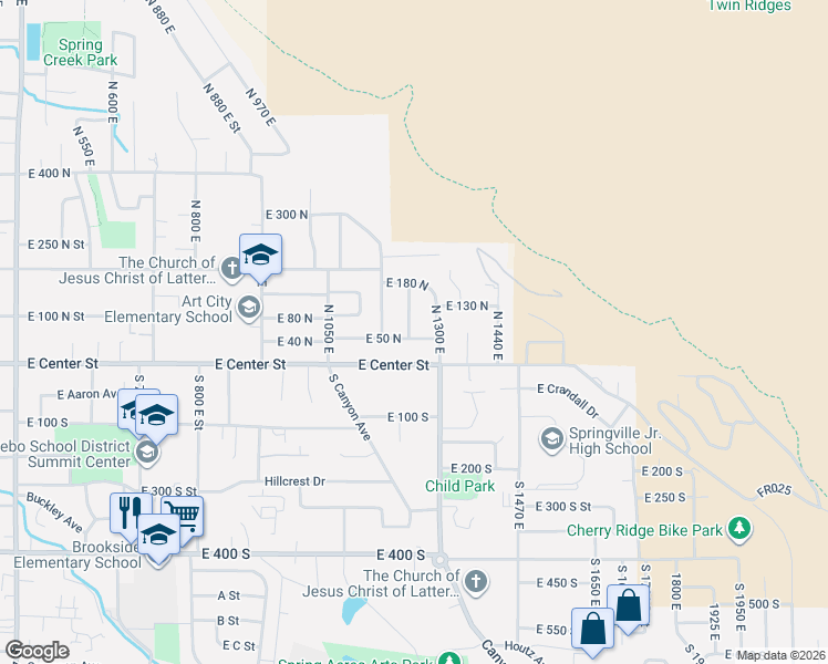 map of restaurants, bars, coffee shops, grocery stores, and more near 1255 East Center Street in Springville