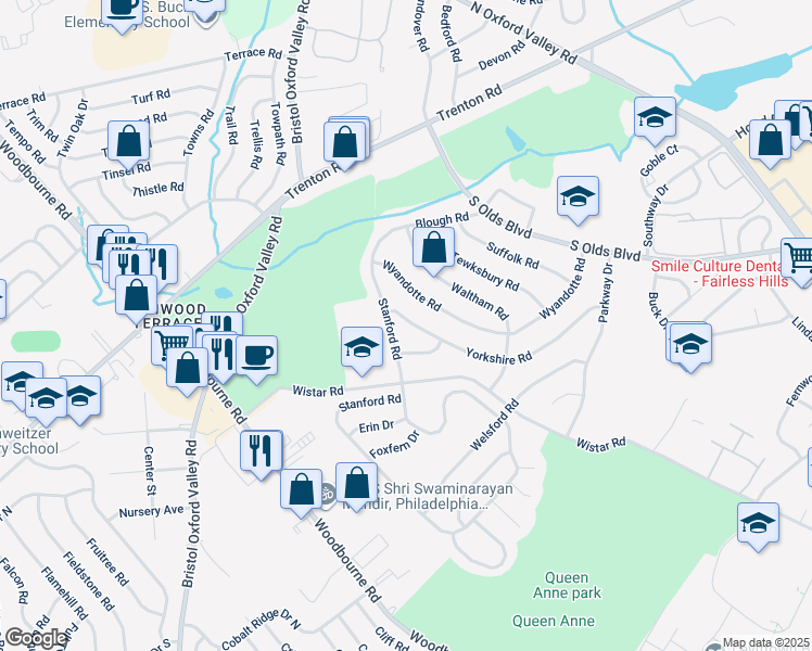 map of restaurants, bars, coffee shops, grocery stores, and more near 208 Yorkshire Road in Fairless Hills