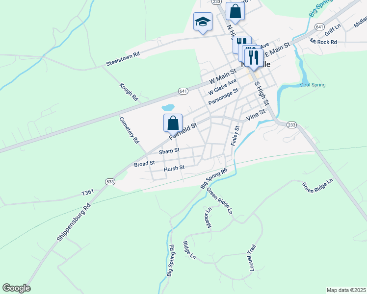 map of restaurants, bars, coffee shops, grocery stores, and more near 30 Broad Street in Newville
