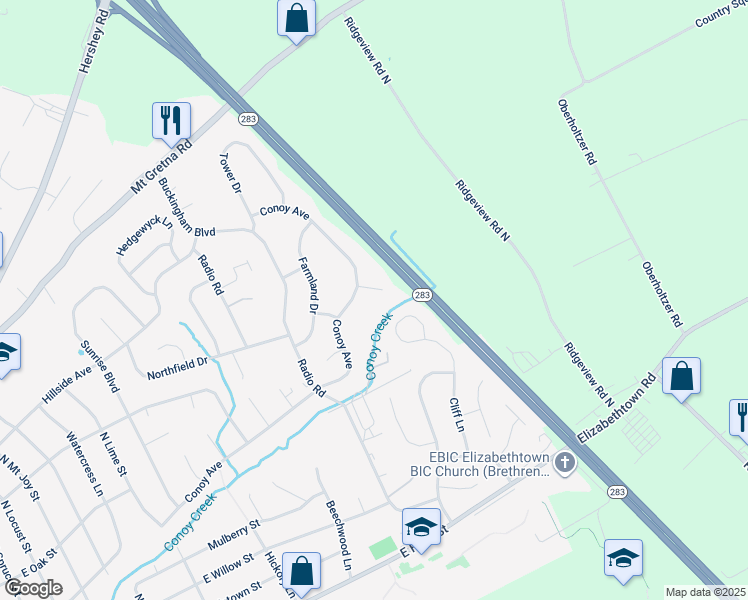 map of restaurants, bars, coffee shops, grocery stores, and more near 19 Windemere Court in Elizabethtown