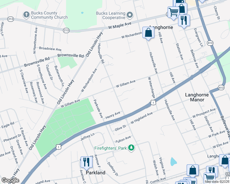 map of restaurants, bars, coffee shops, grocery stores, and more near 438 Hulmeville Rd in Langhorne