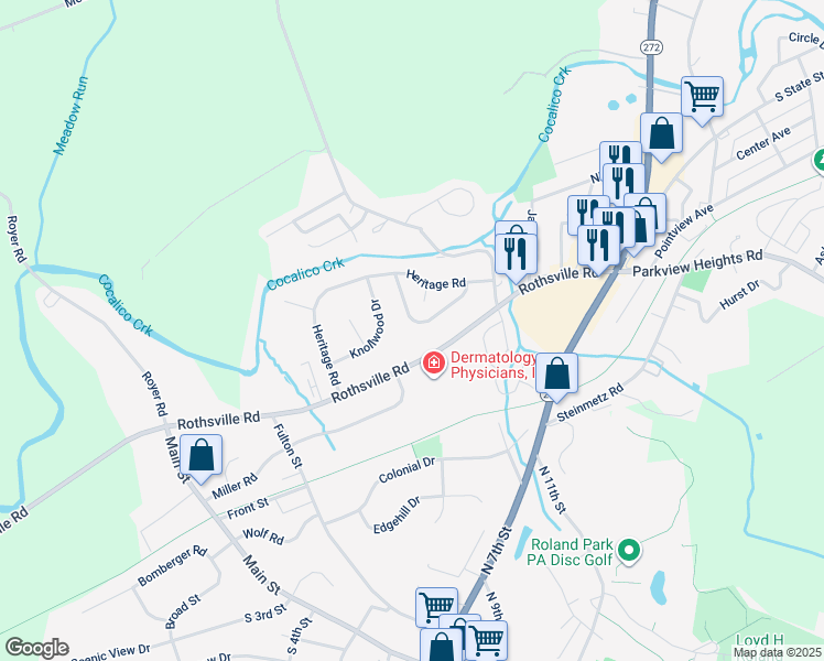 map of restaurants, bars, coffee shops, grocery stores, and more near 240 Riverview Drive in Ephrata