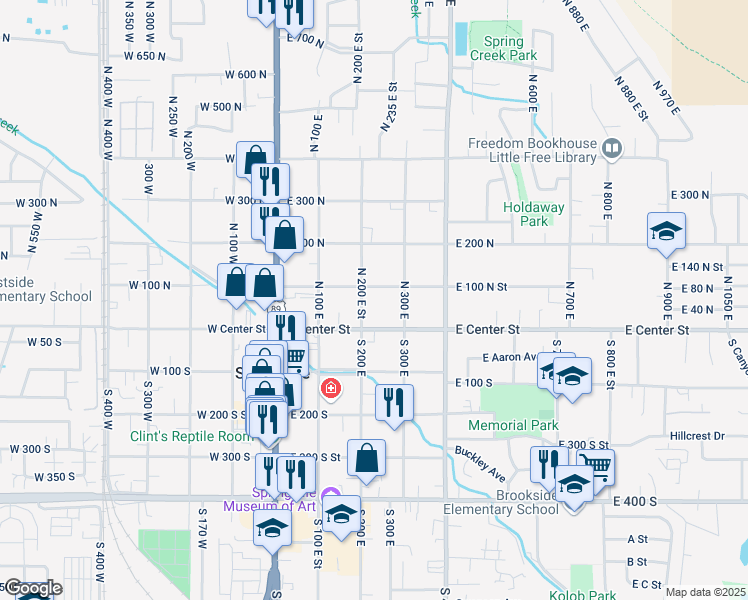 map of restaurants, bars, coffee shops, grocery stores, and more near 261 East Center Street in Springville
