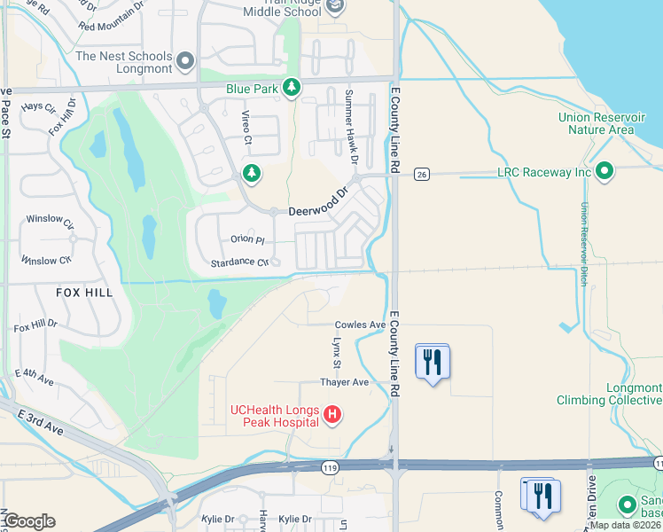 map of restaurants, bars, coffee shops, grocery stores, and more near 535 Summer Hawk Drive in Longmont
