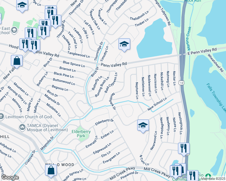 map of restaurants, bars, coffee shops, grocery stores, and more near 191 Northpark Dr in Levittown