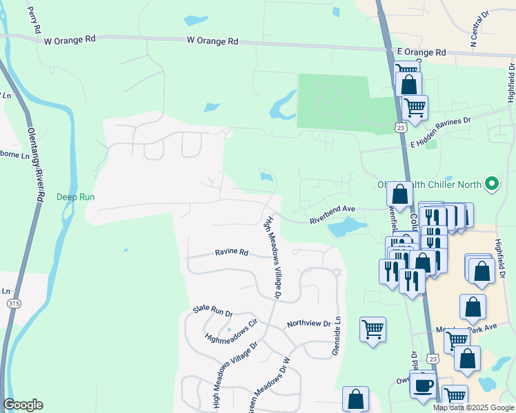 map of restaurants, bars, coffee shops, grocery stores, and more near 451 Riverbend Avenue in Powell