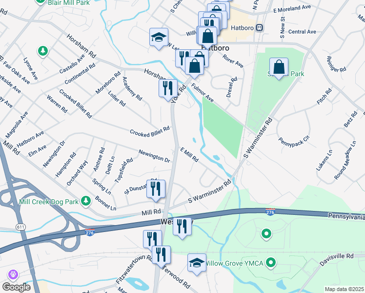 map of restaurants, bars, coffee shops, grocery stores, and more near 5 Mill Creek Drive in Doylestown