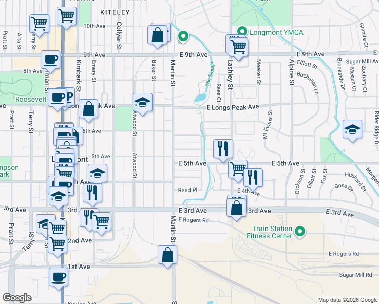 map of restaurants, bars, coffee shops, grocery stores, and more near 25 Marshall Place in Longmont
