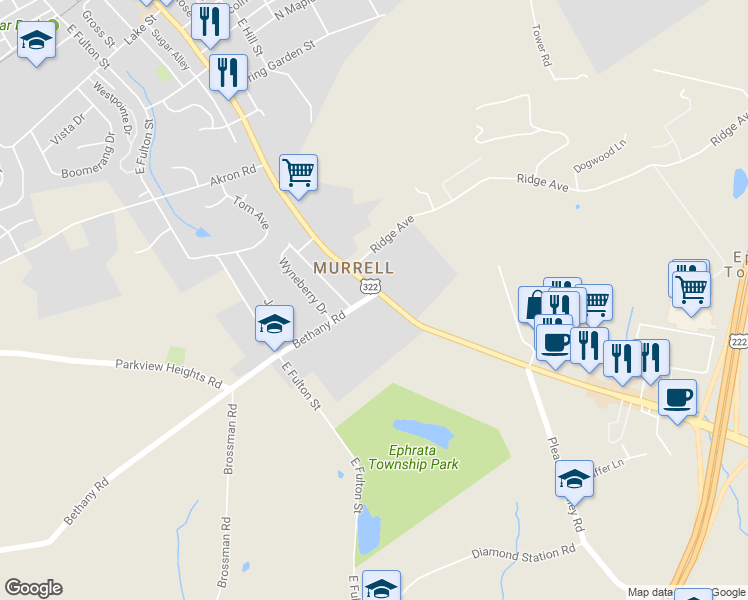 map of restaurants, bars, coffee shops, grocery stores, and more near 717 East Main Street in Ephrata