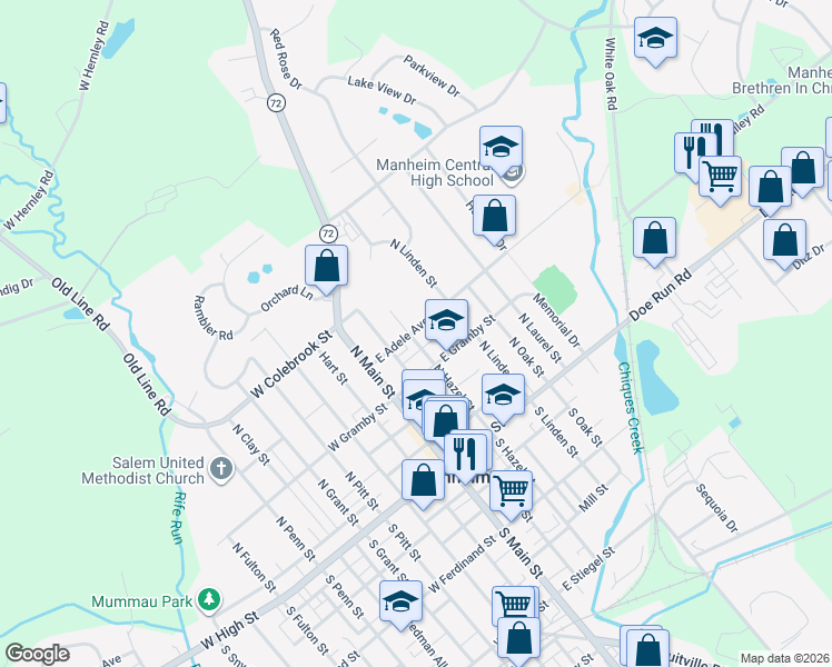 map of restaurants, bars, coffee shops, grocery stores, and more near 152 North Hazel Street in Manheim