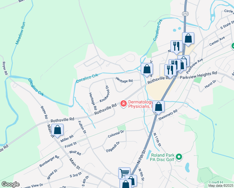 map of restaurants, bars, coffee shops, grocery stores, and more near 240 Riverview Drive in Ephrata