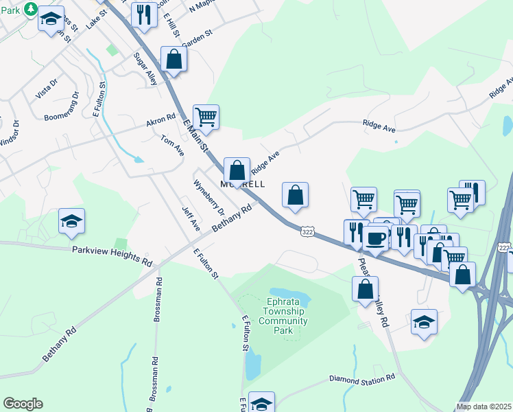 map of restaurants, bars, coffee shops, grocery stores, and more near 717 East Main Street in Ephrata