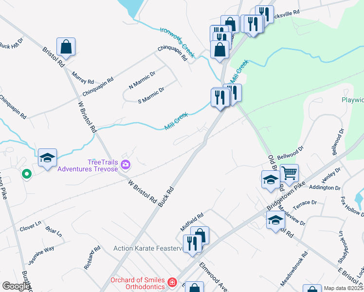 map of restaurants, bars, coffee shops, grocery stores, and more near 2 Falcon Drive in Bucks County
