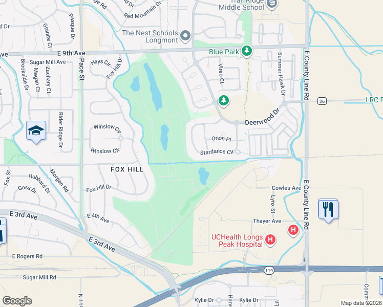 map of restaurants, bars, coffee shops, grocery stores, and more near 1621 Stardance Circle in Longmont