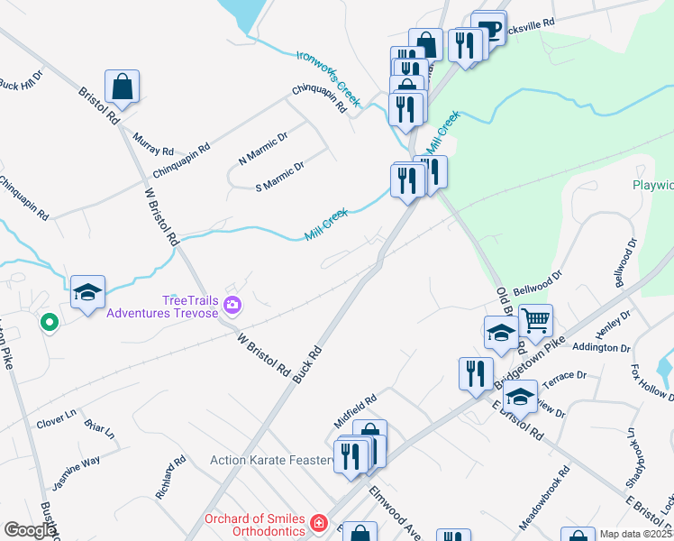 map of restaurants, bars, coffee shops, grocery stores, and more near 2 Falcon Drive in Bucks County