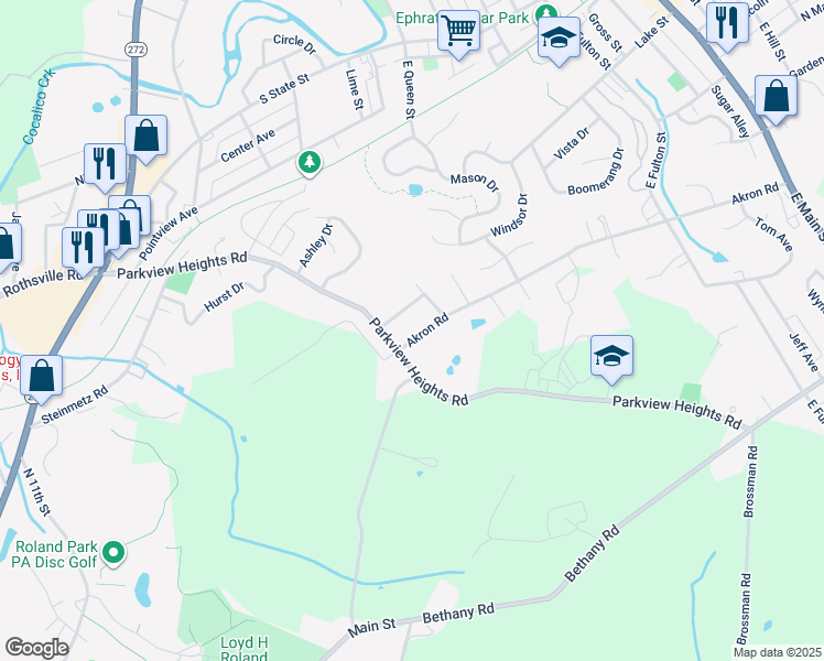 map of restaurants, bars, coffee shops, grocery stores, and more near 277 Akron Road in Ephrata