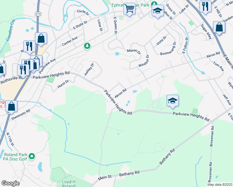 map of restaurants, bars, coffee shops, grocery stores, and more near 277 Akron Road in Ephrata