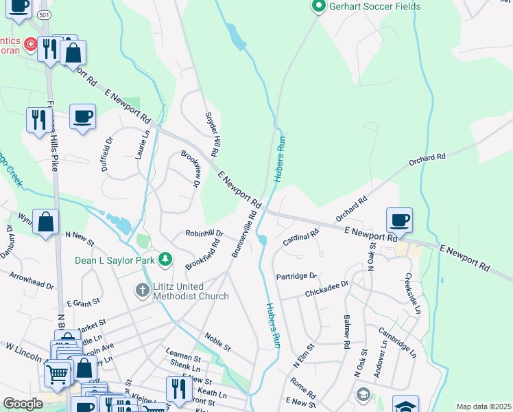map of restaurants, bars, coffee shops, grocery stores, and more near 717 Brunnerville Road in Lititz