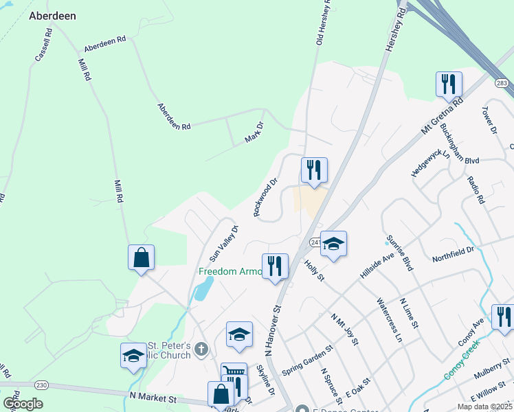 map of restaurants, bars, coffee shops, grocery stores, and more near 641 Rockwood Drive in Elizabethtown