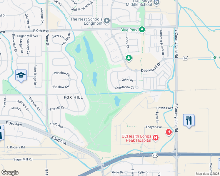 map of restaurants, bars, coffee shops, grocery stores, and more near 1621 Stardance Circle in Longmont