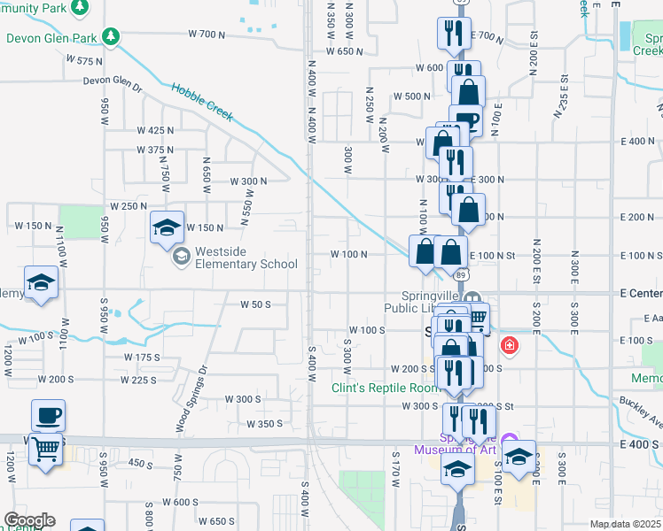 map of restaurants, bars, coffee shops, grocery stores, and more near 310 West Center Street in Springville