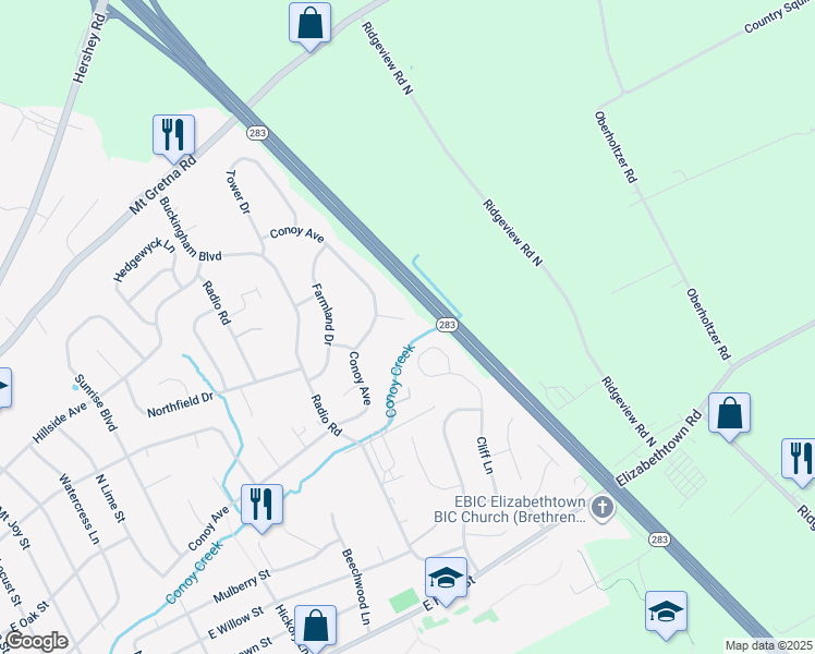 map of restaurants, bars, coffee shops, grocery stores, and more near 27 Windemere Court in Elizabethtown