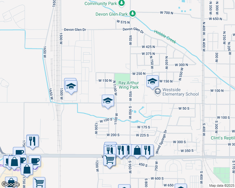 map of restaurants, bars, coffee shops, grocery stores, and more near 52 North 1100 West in Springville