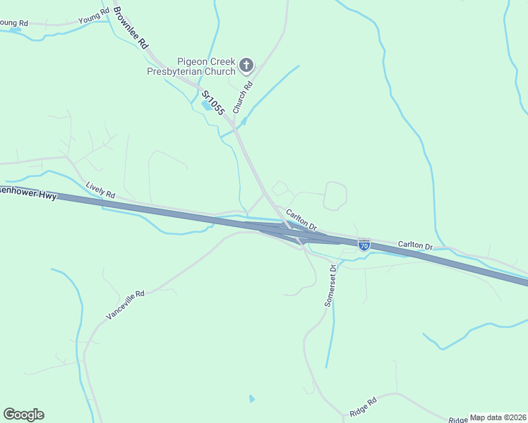 map of restaurants, bars, coffee shops, grocery stores, and more near Interstate 70 in Eighty Four