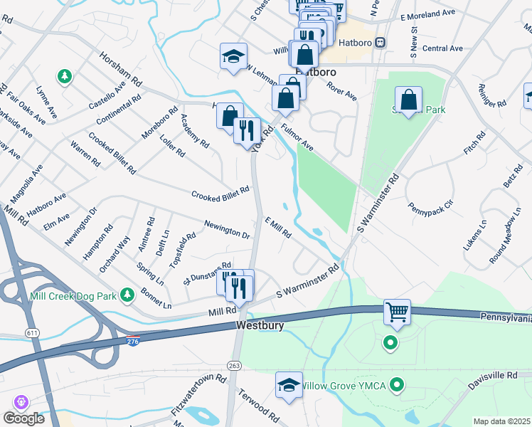 map of restaurants, bars, coffee shops, grocery stores, and more near 3 Mill Creek Drive in Doylestown