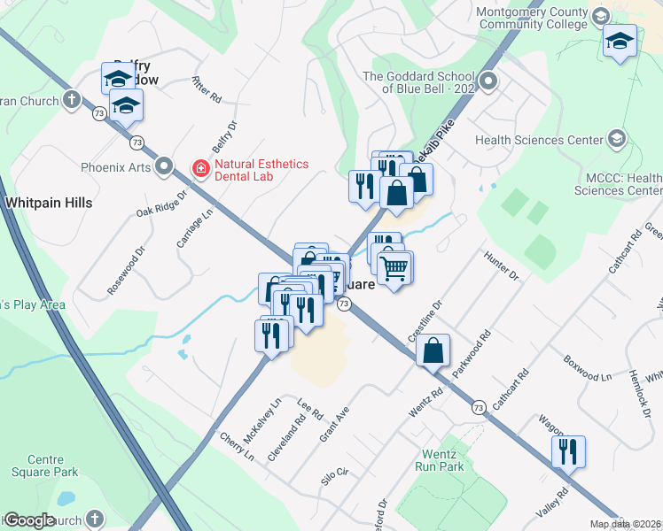 map of restaurants, bars, coffee shops, grocery stores, and more near 841 Dekalb Pike in Center Square