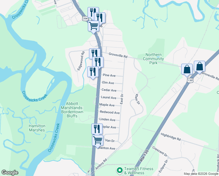 map of restaurants, bars, coffee shops, grocery stores, and more near 5 Elm Avenue in Bordentown