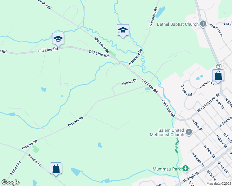 map of restaurants, bars, coffee shops, grocery stores, and more near 590 Orchard Road in Manheim