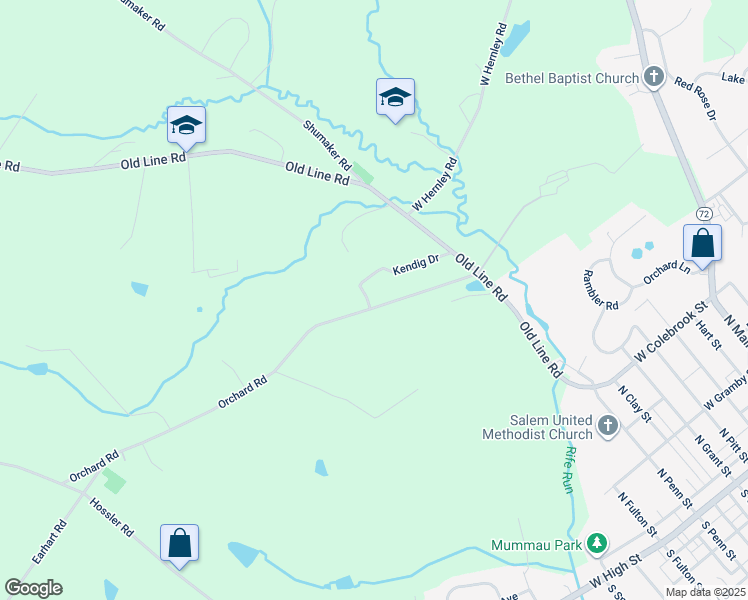 map of restaurants, bars, coffee shops, grocery stores, and more near 590 Orchard Road in Manheim