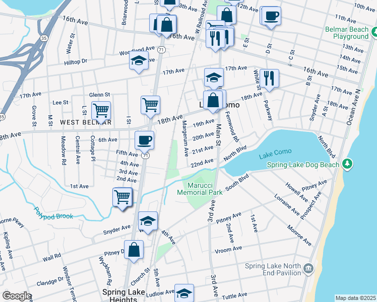map of restaurants, bars, coffee shops, grocery stores, and more near 735 20th Avenue in Belmar