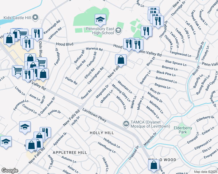 map of restaurants, bars, coffee shops, grocery stores, and more near 251 Magnolia Drive in Levittown