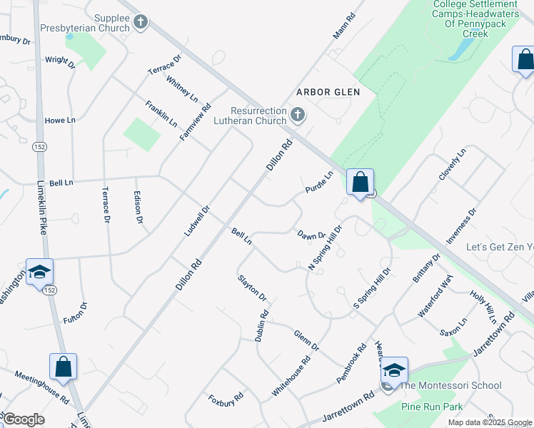 map of restaurants, bars, coffee shops, grocery stores, and more near 1811 Purdie Lane in Ambler