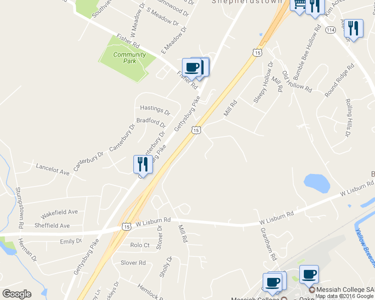 map of restaurants, bars, coffee shops, grocery stores, and more near 2303 Mill Road in Mechanicsburg