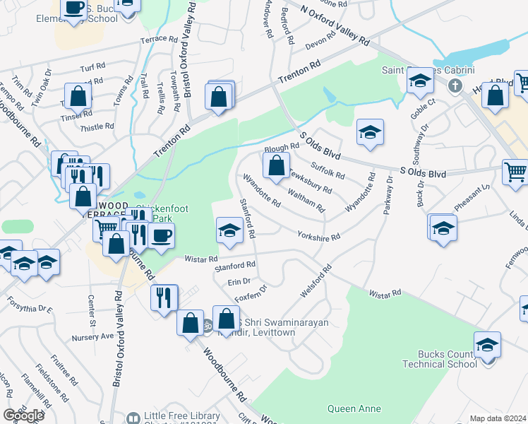 map of restaurants, bars, coffee shops, grocery stores, and more near 209 Yorkshire Road in Fairless Hills