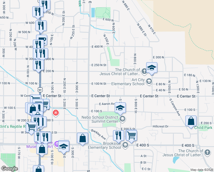 map of restaurants, bars, coffee shops, grocery stores, and more near 595 East 100 North Street in Springville