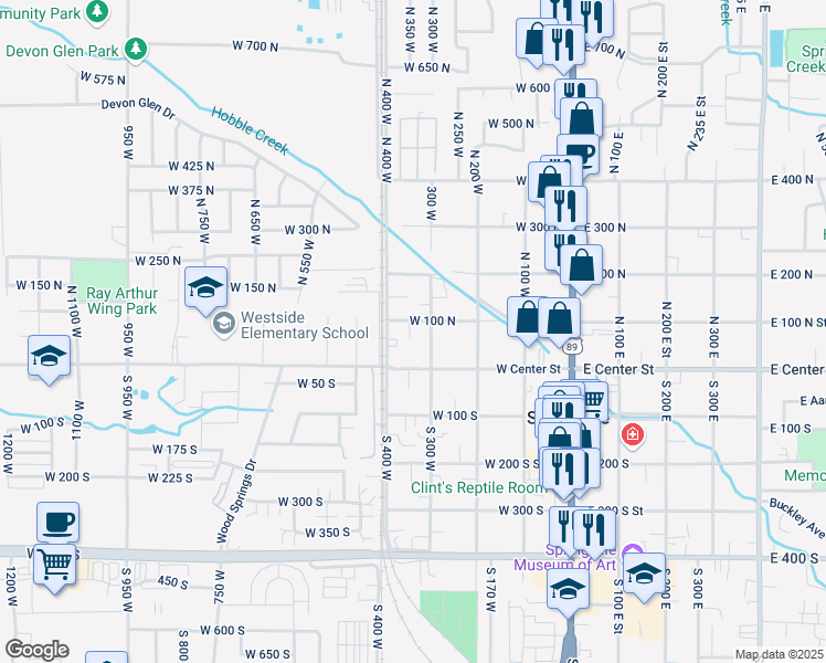map of restaurants, bars, coffee shops, grocery stores, and more near 312 West 100 South in Springville