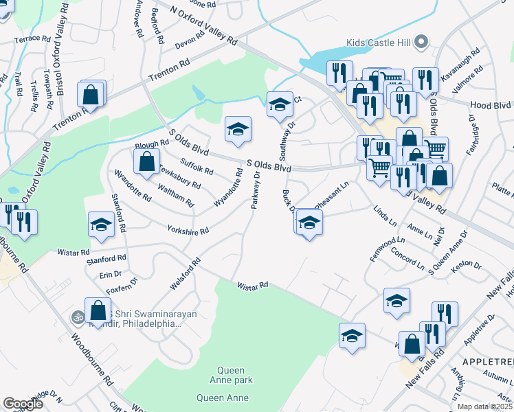 map of restaurants, bars, coffee shops, grocery stores, and more near 530 Parkway Drive in Fairless Hills