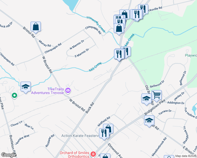 map of restaurants, bars, coffee shops, grocery stores, and more near 2 Falcon Drive in Bucks County
