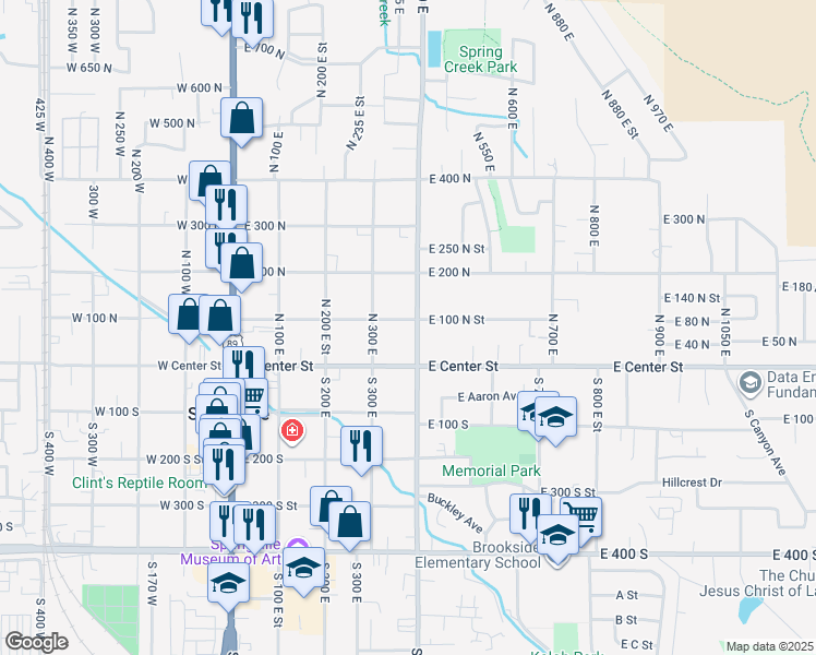 map of restaurants, bars, coffee shops, grocery stores, and more near 91 North 400 East in Springville