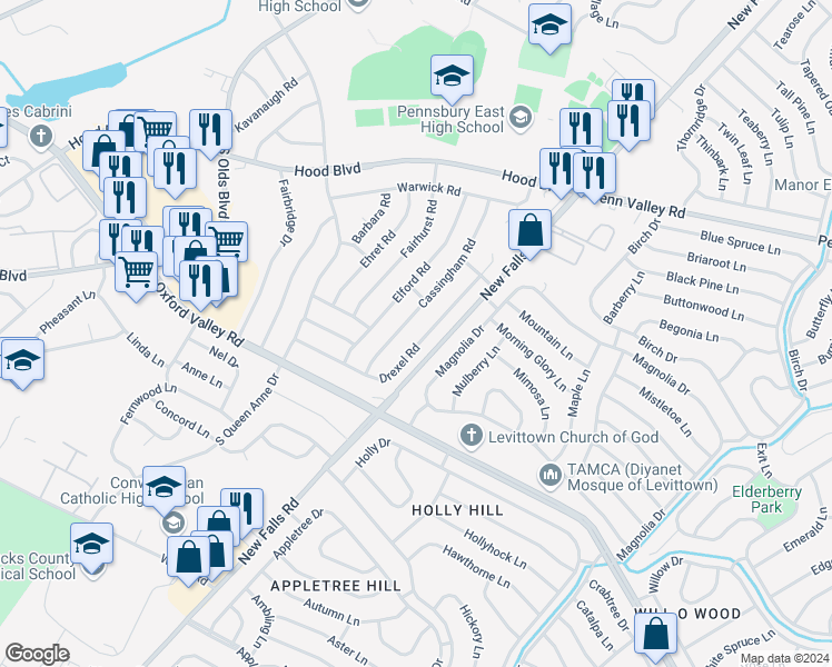 map of restaurants, bars, coffee shops, grocery stores, and more near 521 Drexel Road in Fairless Hills