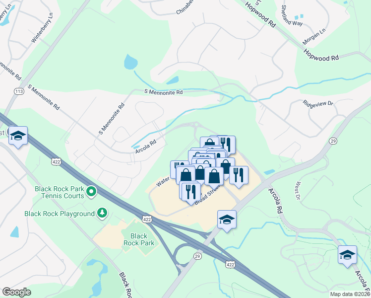 map of restaurants, bars, coffee shops, grocery stores, and more near Arcola Road in Collegeville