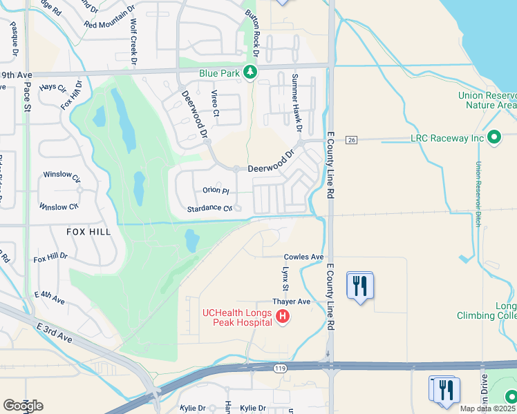 map of restaurants, bars, coffee shops, grocery stores, and more near 526 Peregrine Circle in Longmont