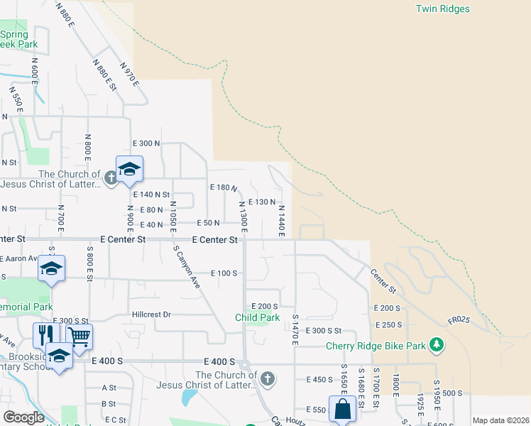 map of restaurants, bars, coffee shops, grocery stores, and more near 90 North 1360 East Street in Springville